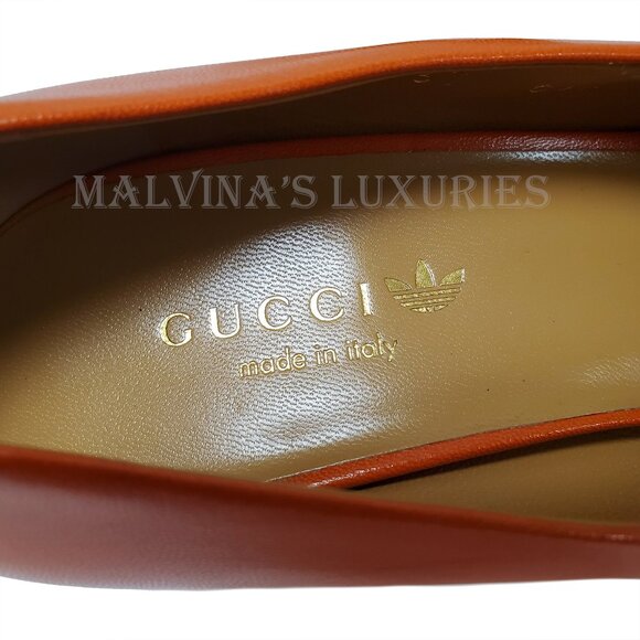 GUCCI SHOES ADIDAS X TREFOIL ORANGE LEATHER PUMPS w LOGO sz 37 / 7 - Picture 13 of 16